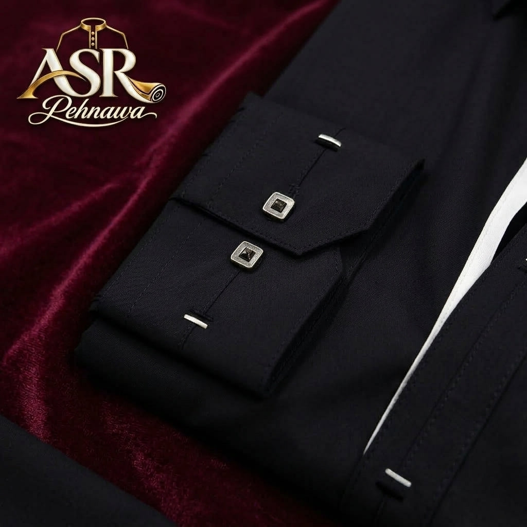 Four Season Black Stitched Shalwar Kameez With Balck & White Ribbon