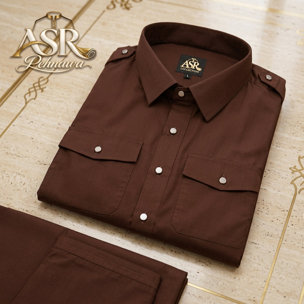 Four Season Brown Double Pockets & Double Shoulders Stitched Shalwar Kameez