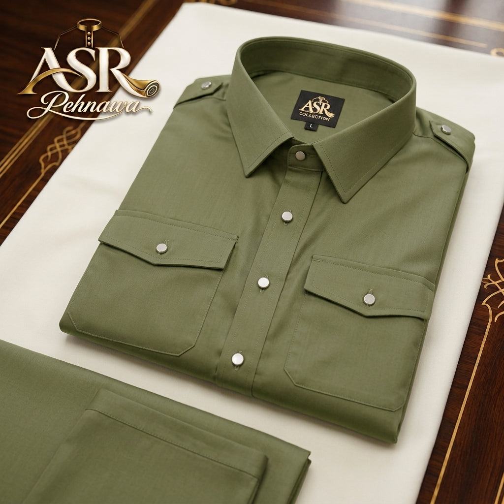 Four Season Olive Green Double Pockets & Double Shoulders Stitched Shalwar Kameez