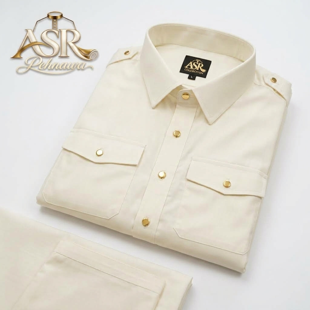 Four Season Off White Double Pockets & Double Shoulders Stitched Shalwar Kameez