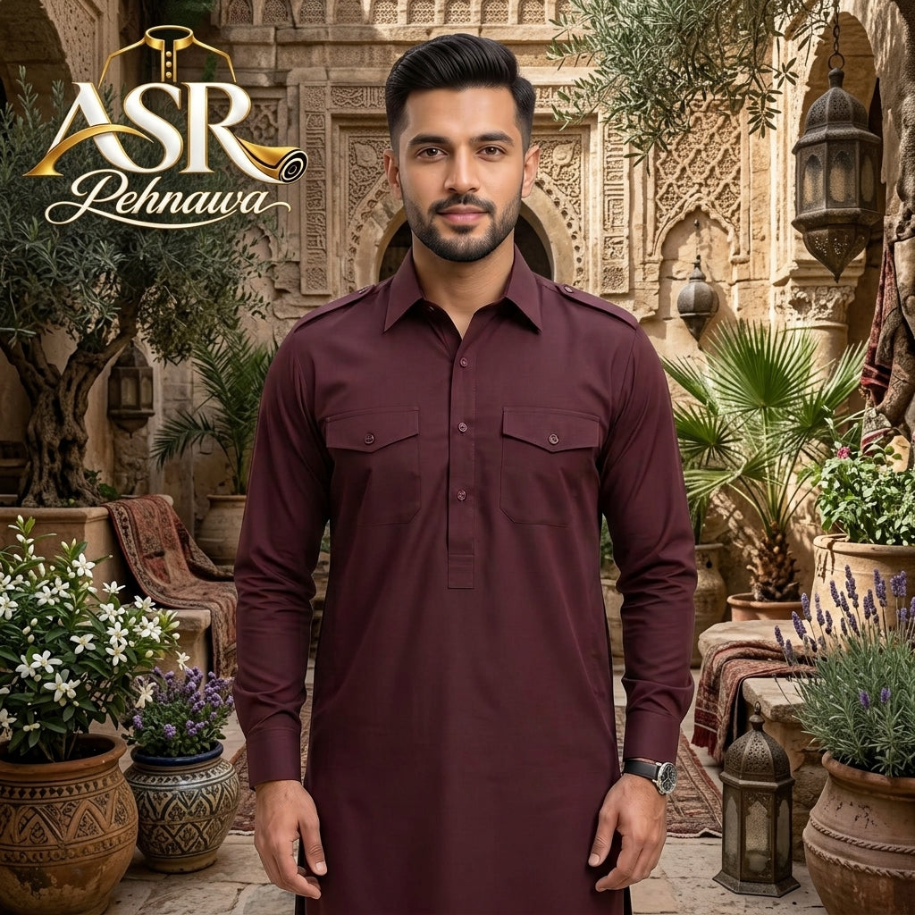 Four Season Maroon Double Pockets & Double Shoulders Stitched Shalwar Kameez