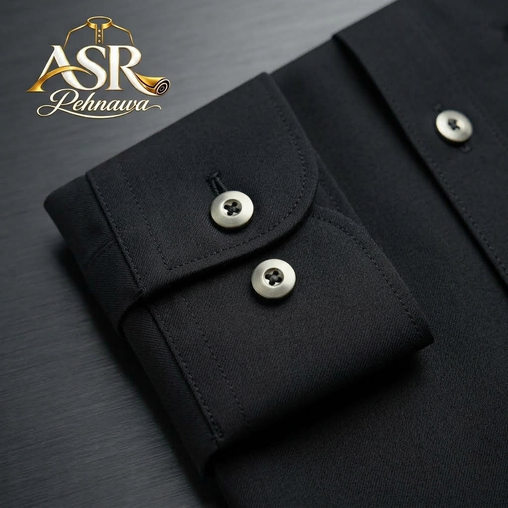 Four Season Black Stitched Shalwar Kameez With Dual-Tone Pocket Detail