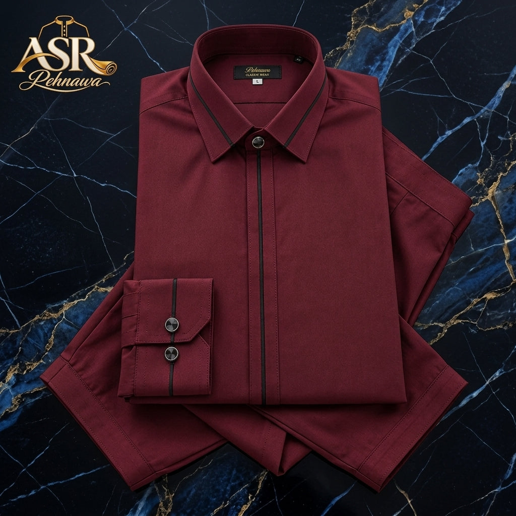 Four Season Maroon Stitched Shalwar Kameez With Black Piping Detail