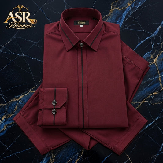 Four Season Maroon Stitched Shalwar Kameez With Black Piping Detail