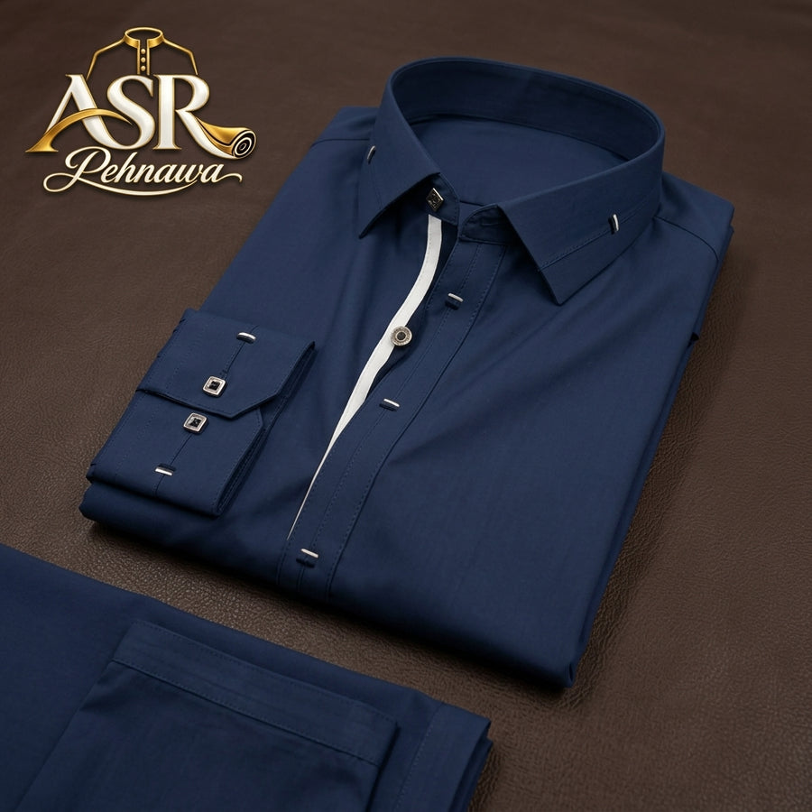 Four Season Blue Stitched Shalwar Kameez With Balck & White Ribbon