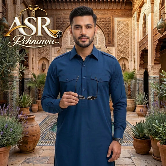 Four Season Blue Double Pockets & Double Shoulders Stitched Shalwar Kameez