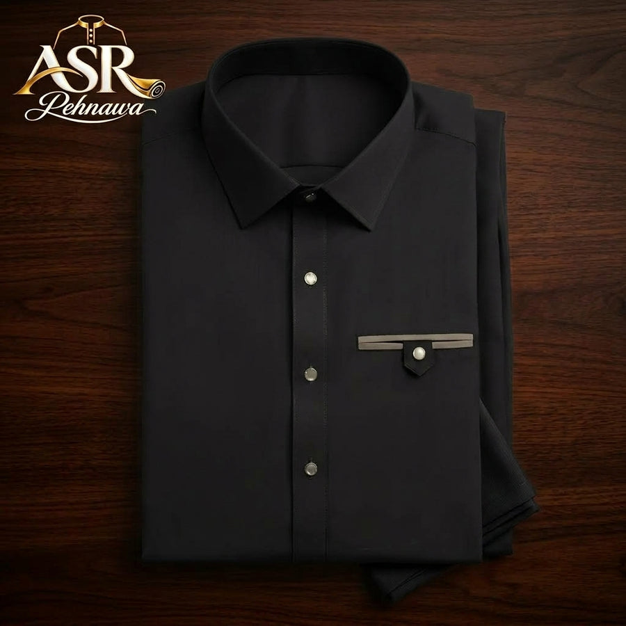 Four Season Black Stitched Shalwar Kameez With Dual-Tone Pocket Detail