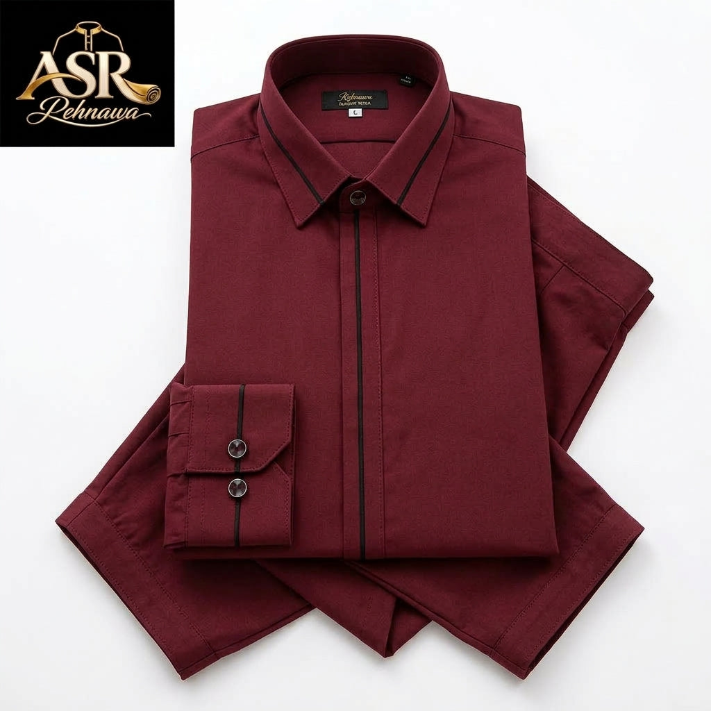 Four Season Maroon Stitched Shalwar Kameez With Black Piping Detail