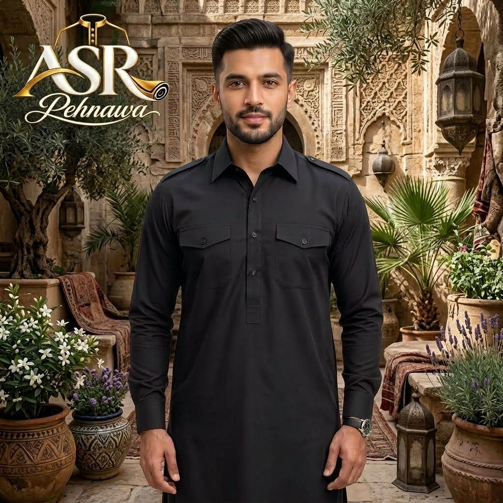 Four Season Black Double Pockets & Double Shoulders Stitched Shalwar Kameez