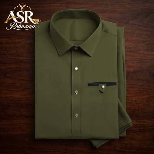 Four Season Olive Green Stitched Shalwar Kameez With Dual-Tone Pocket Detail