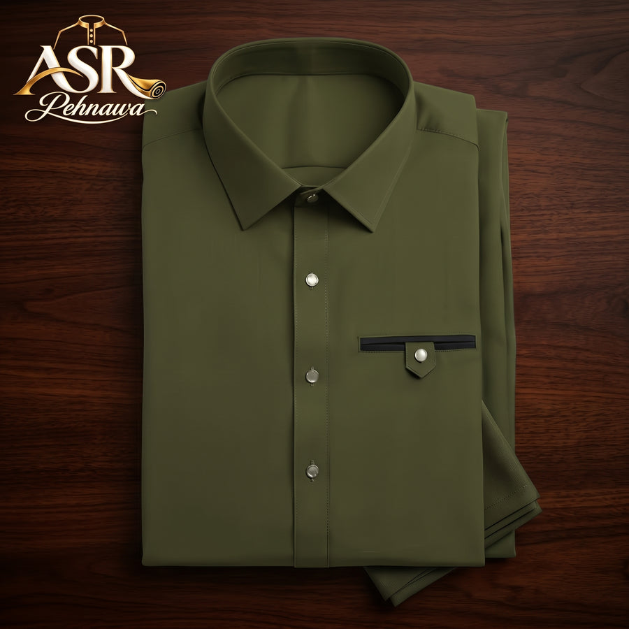 Four Season Olive Green Stitched Shalwar Kameez With Dual-Tone Pocket Detail