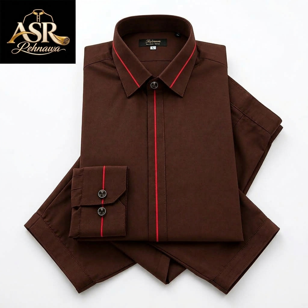 Four Season Brown Stitched Shalwar Kameez With Red Piping Detail