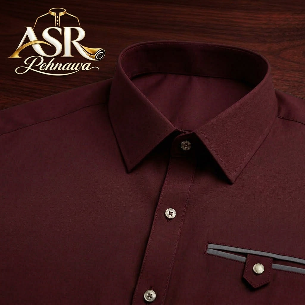 Four Season Maroon Stitched Shalwar Kameez With Dual-Tone Pocket Detail