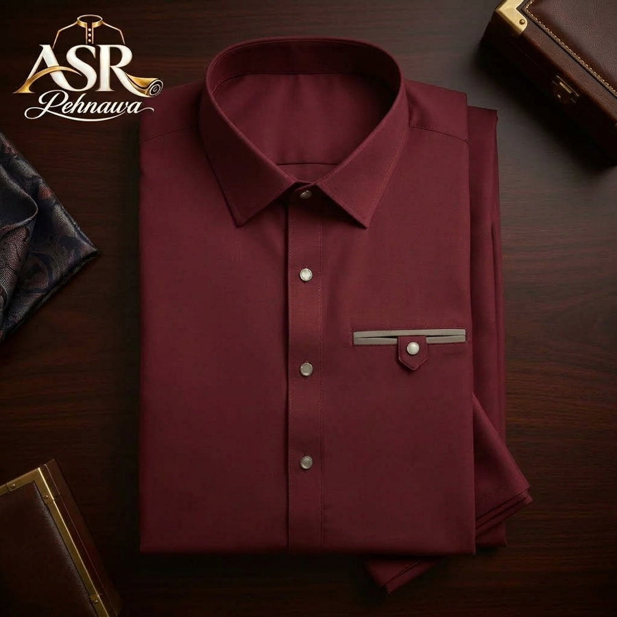 Four Season Maroon Stitched Shalwar Kameez With Dual-Tone Pocket Detail