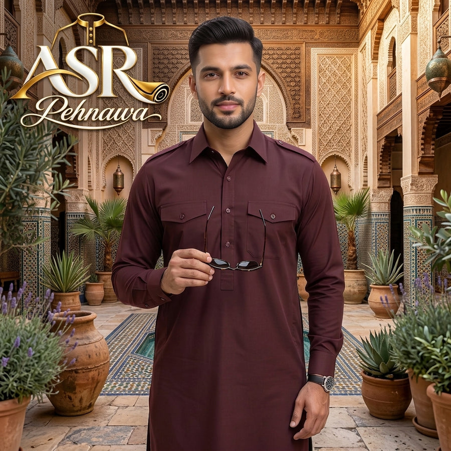 Four Season Maroon Double Pockets & Double Shoulders Stitched Shalwar Kameez