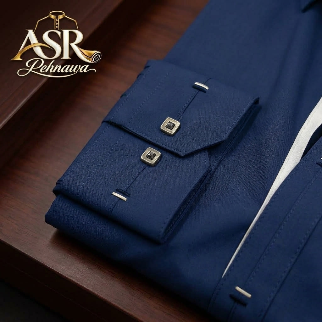 Four Season Blue Stitched Shalwar Kameez With Balck & White Ribbon