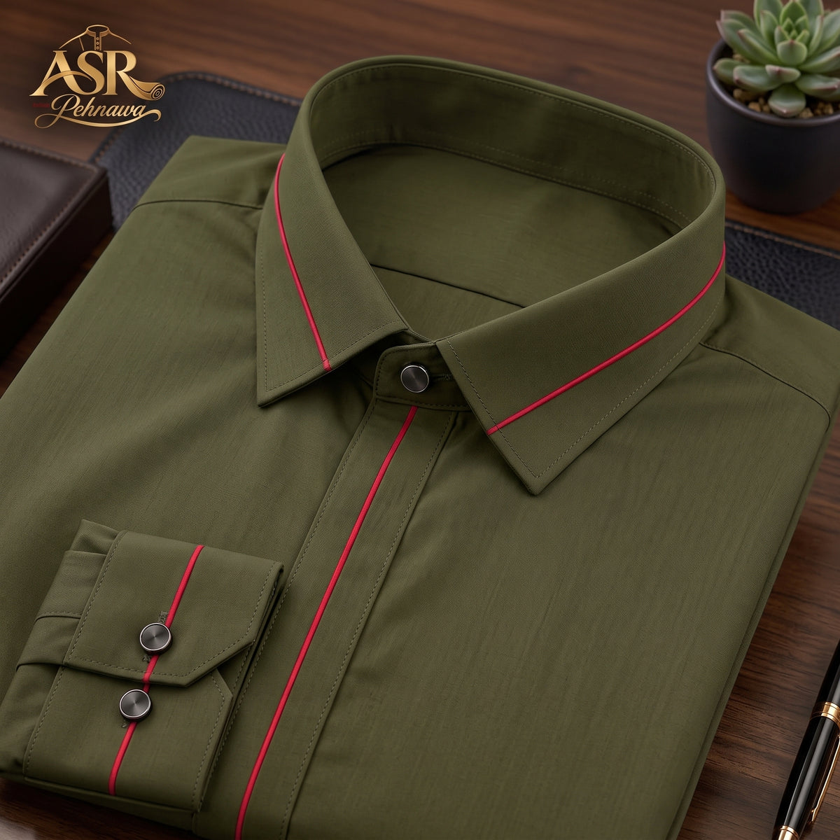 Four Season Olive Green Stitched Shalwar Kameez With Red Piping Detail