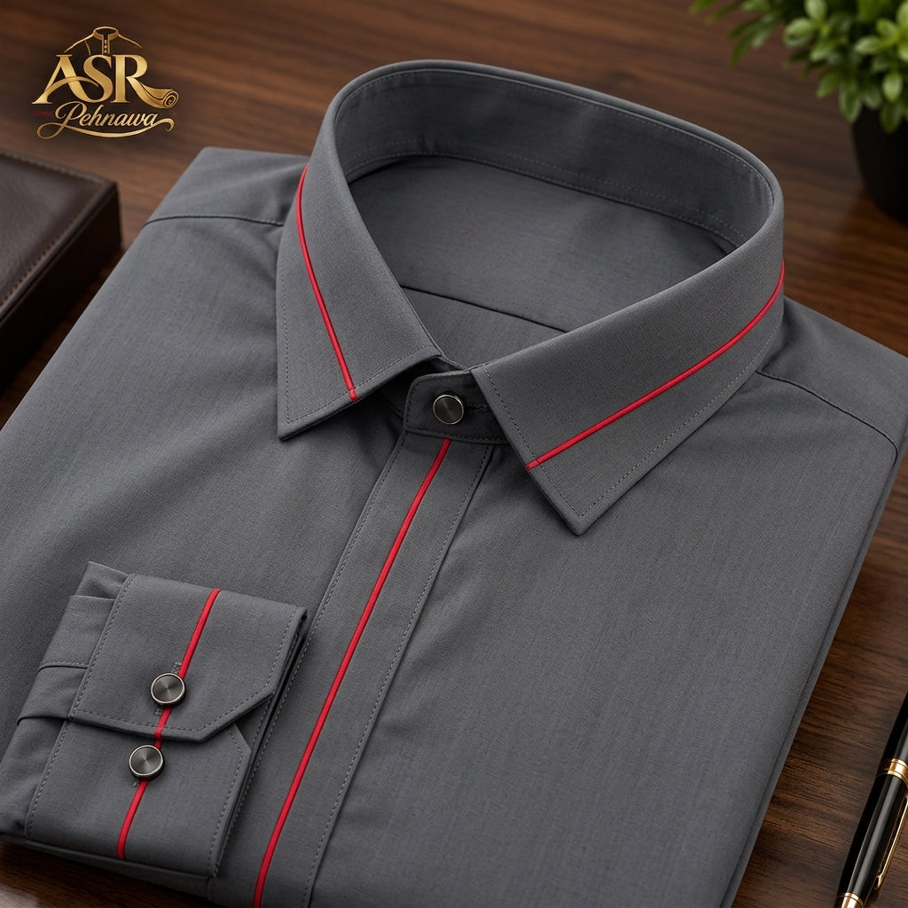 Four Season Grey Stitched Shalwar Kameez With Red Piping Detail