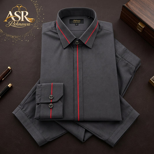 Four Season Grey Stitched Shalwar Kameez With Red Piping Detail