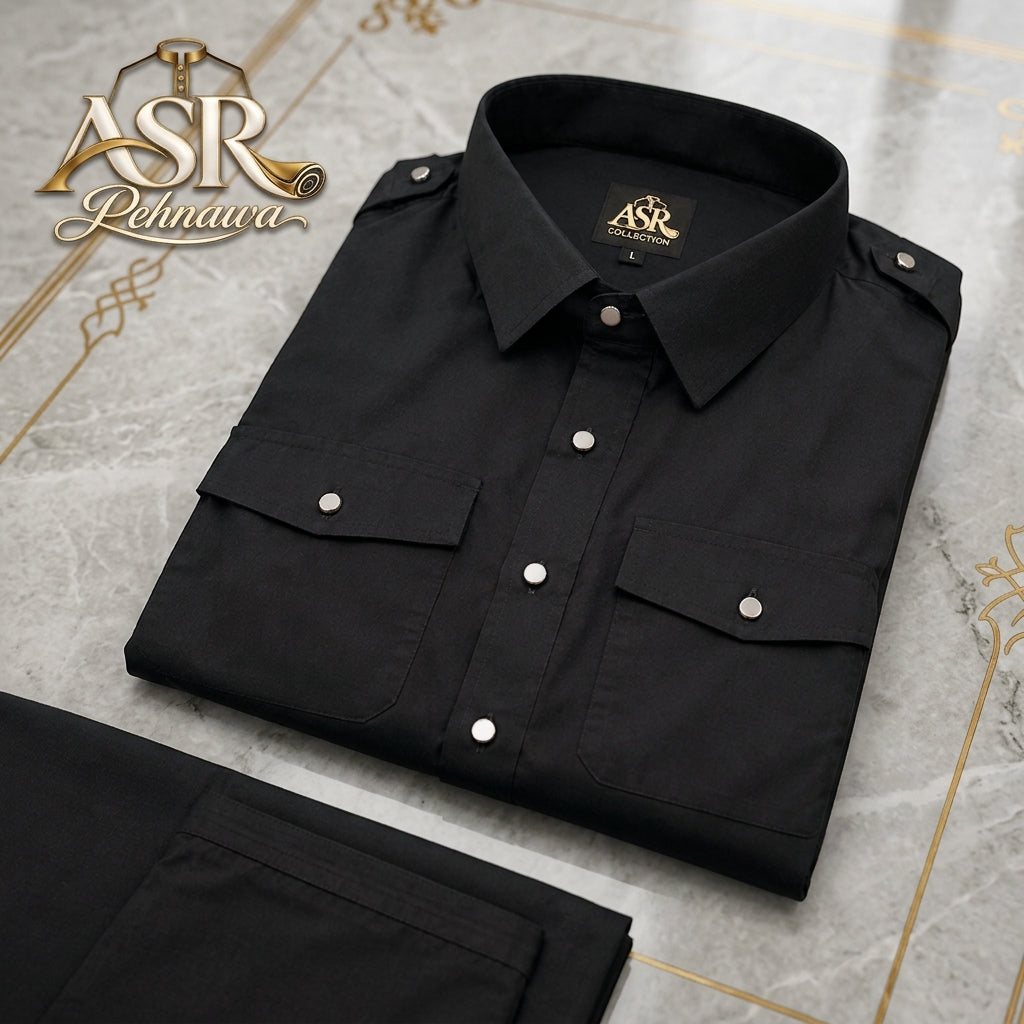 Four Season Black Double Pockets & Double Shoulders Stitched Shalwar Kameez