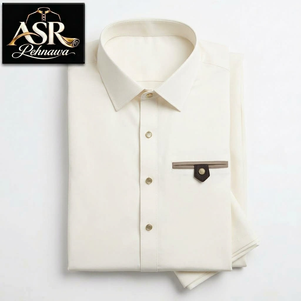 Four Season Off White Stitched Shalwar Kameez With Dual-Tone Pocket Detail