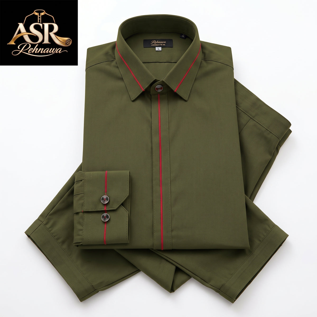 Four Season Olive Green Stitched Shalwar Kameez With Red Piping Detail