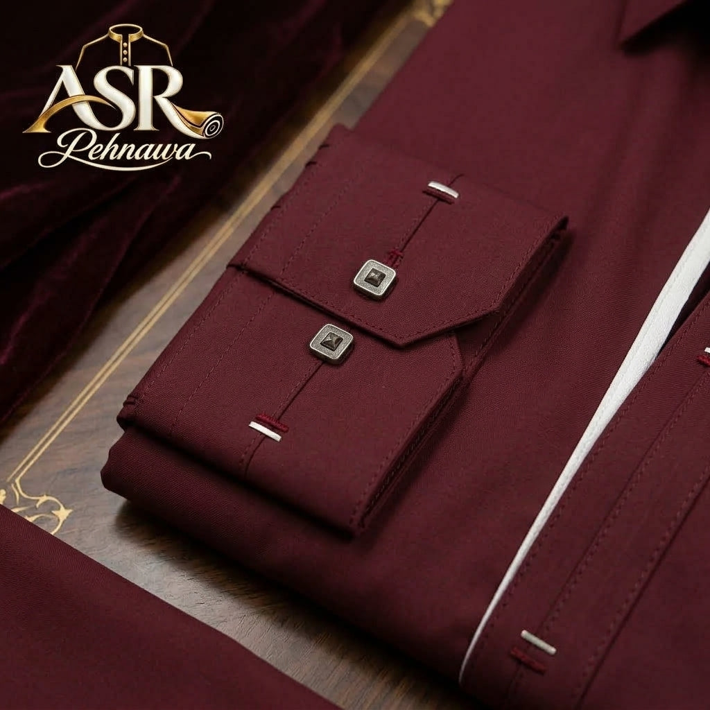 Four Season Maroon Stitched Shalwar Kameez With Balck & White Ribbon