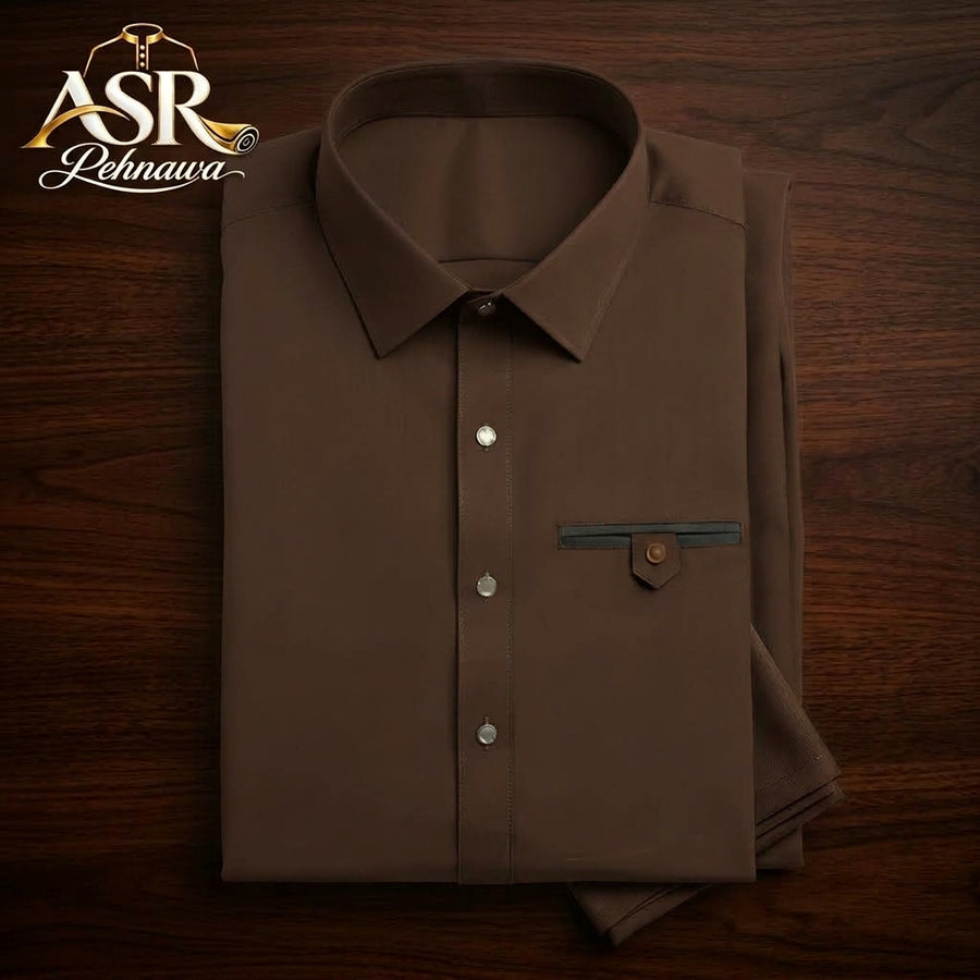 Four Season Brown Stitched Shalwar Kameez With Dual-Tone Pocket Detail