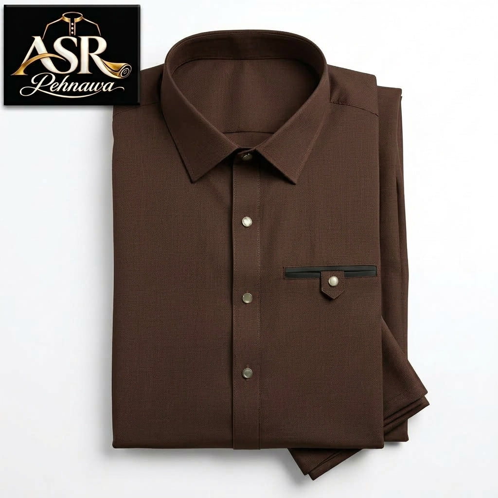 Four Season Brown Stitched Shalwar Kameez With Dual-Tone Pocket Detail