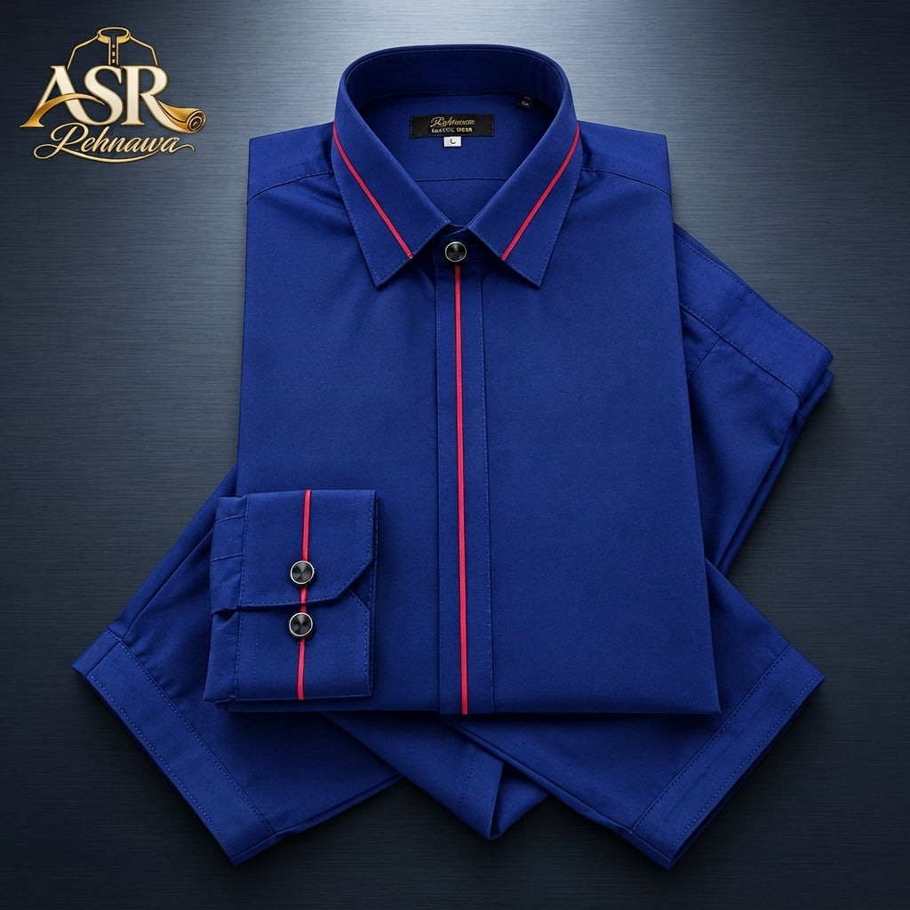 Four Season Blue Stitched Shalwar Kameez With Red Piping Detail
