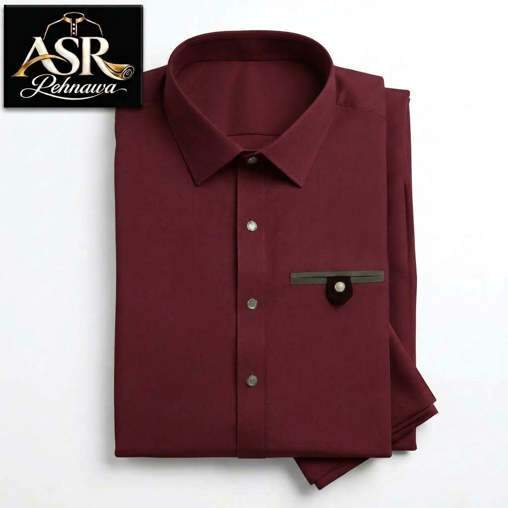 Four Season Maroon Stitched Shalwar Kameez With Dual-Tone Pocket Detail