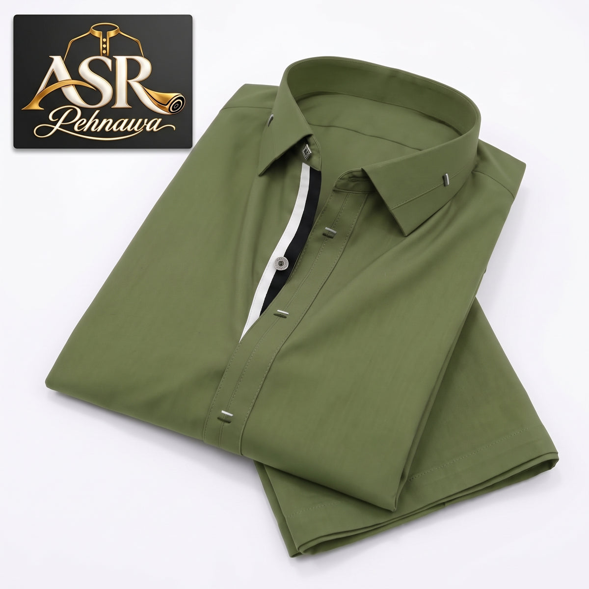 Four Season Olive Green Stitched Shalwar Kameez With Balck & White Ribbon