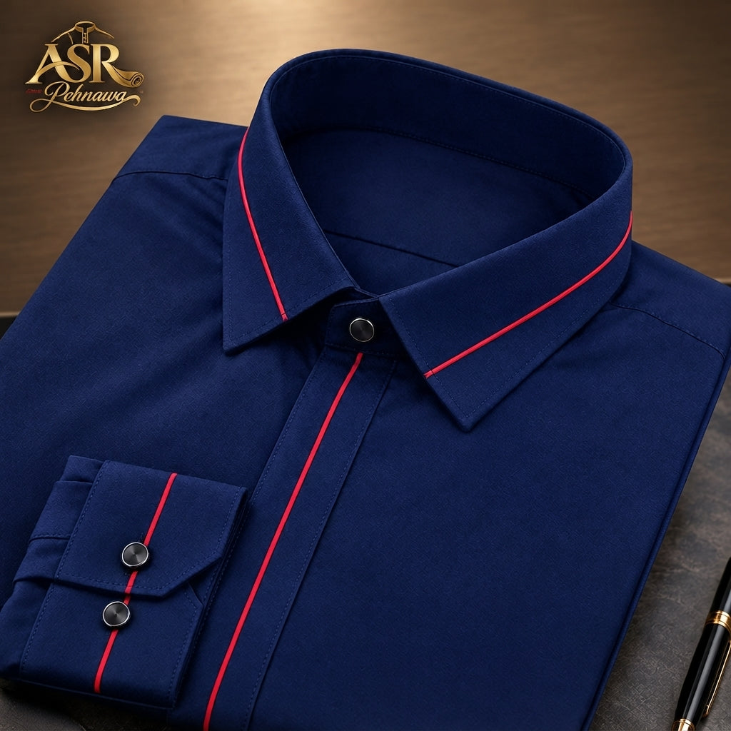 Four Season Blue Stitched Shalwar Kameez With Red Piping Detail