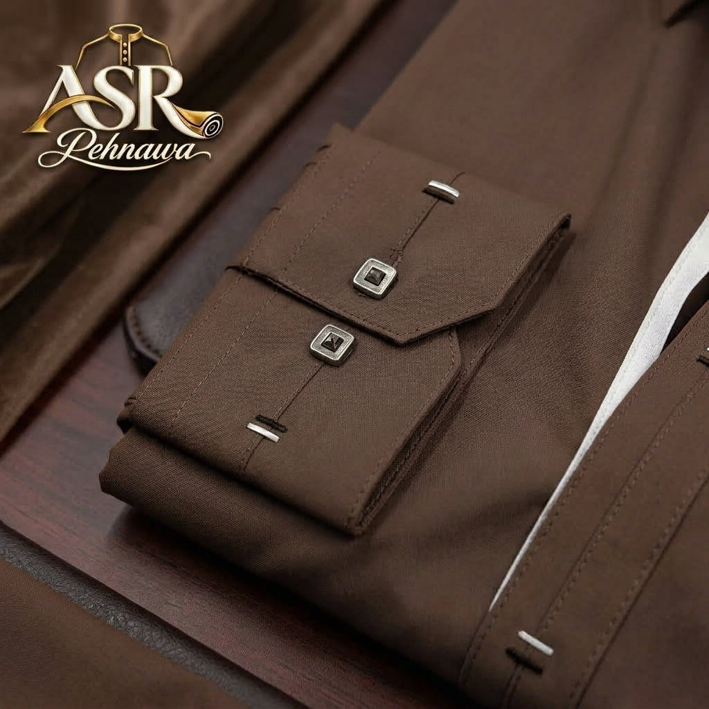 Four Season Brown Stitched Shalwar Kameez With Balck & White Ribbon