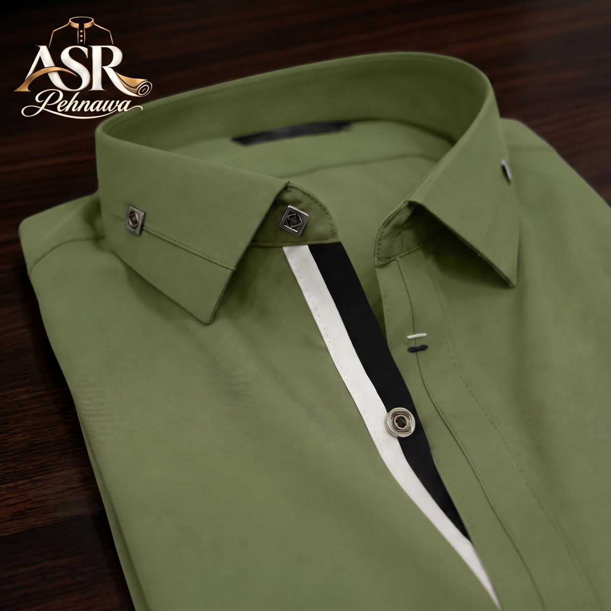 Four Season Olive Green Stitched Shalwar Kameez With Balck & White Ribbon