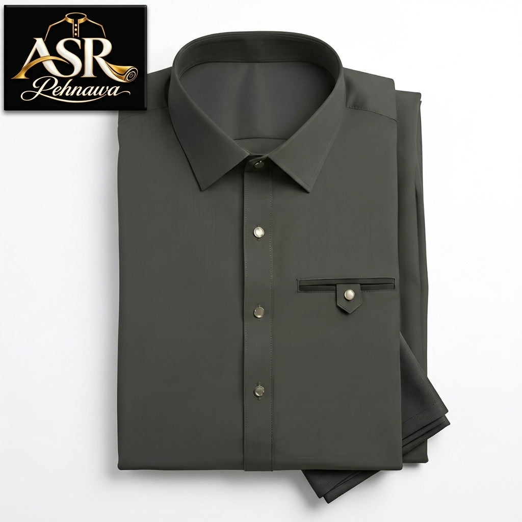 Four Season Grey Stitched Shalwar Kameez With Dual-Tone Pocket Detail