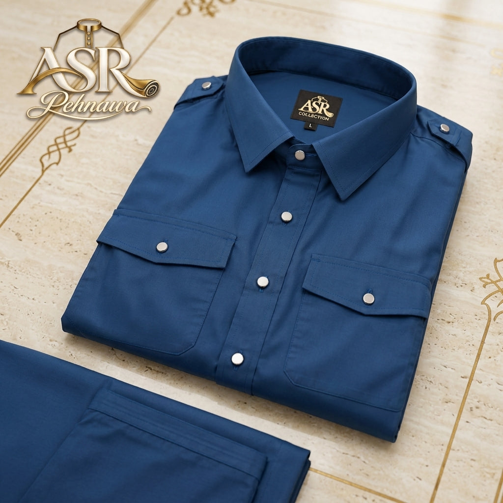 Four Season Blue Double Pockets & Double Shoulders Stitched Shalwar Kameez