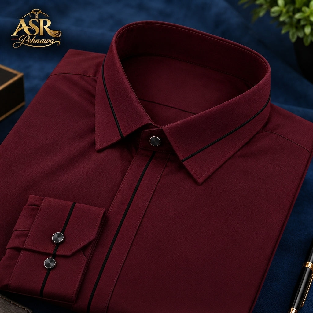 Four Season Maroon Stitched Shalwar Kameez With Black Piping Detail